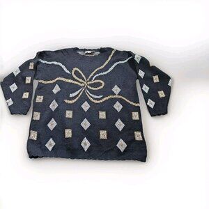 Glamour Knits Sweater Women XL Multicolor LS Vintage Xmas Gold Metallic Boho